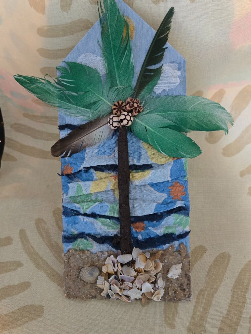 Palm Tree Wall decor. Handmade, natural Shells, sand, feathers. Gift under $20